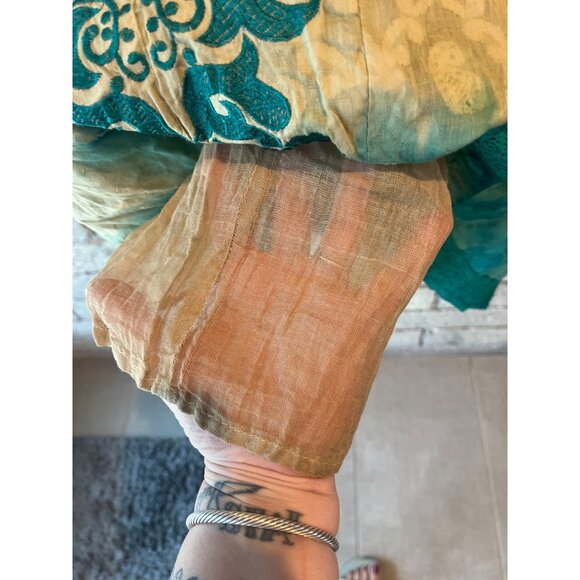 Vintage Beige & Teal Button-Front Dress With Embroidered Floral Patterns & Cap S - Picture 7 of 13